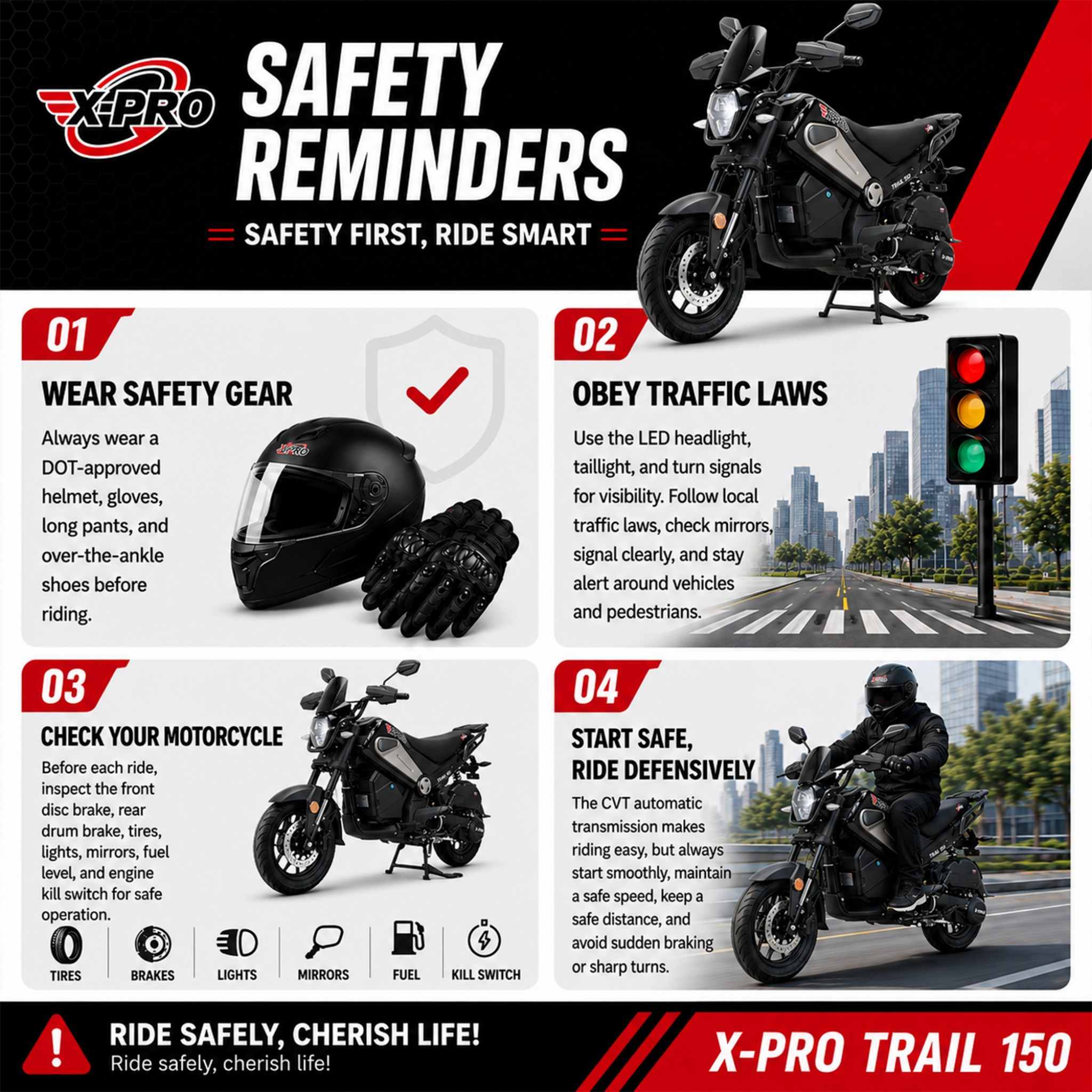 Free Shipping! X-PRO Trail 150 Motorcycle with Automatic Transmission, Electric/Kick Start! 12"/10" Aluminum Wheels! LED Lights! - Image 11