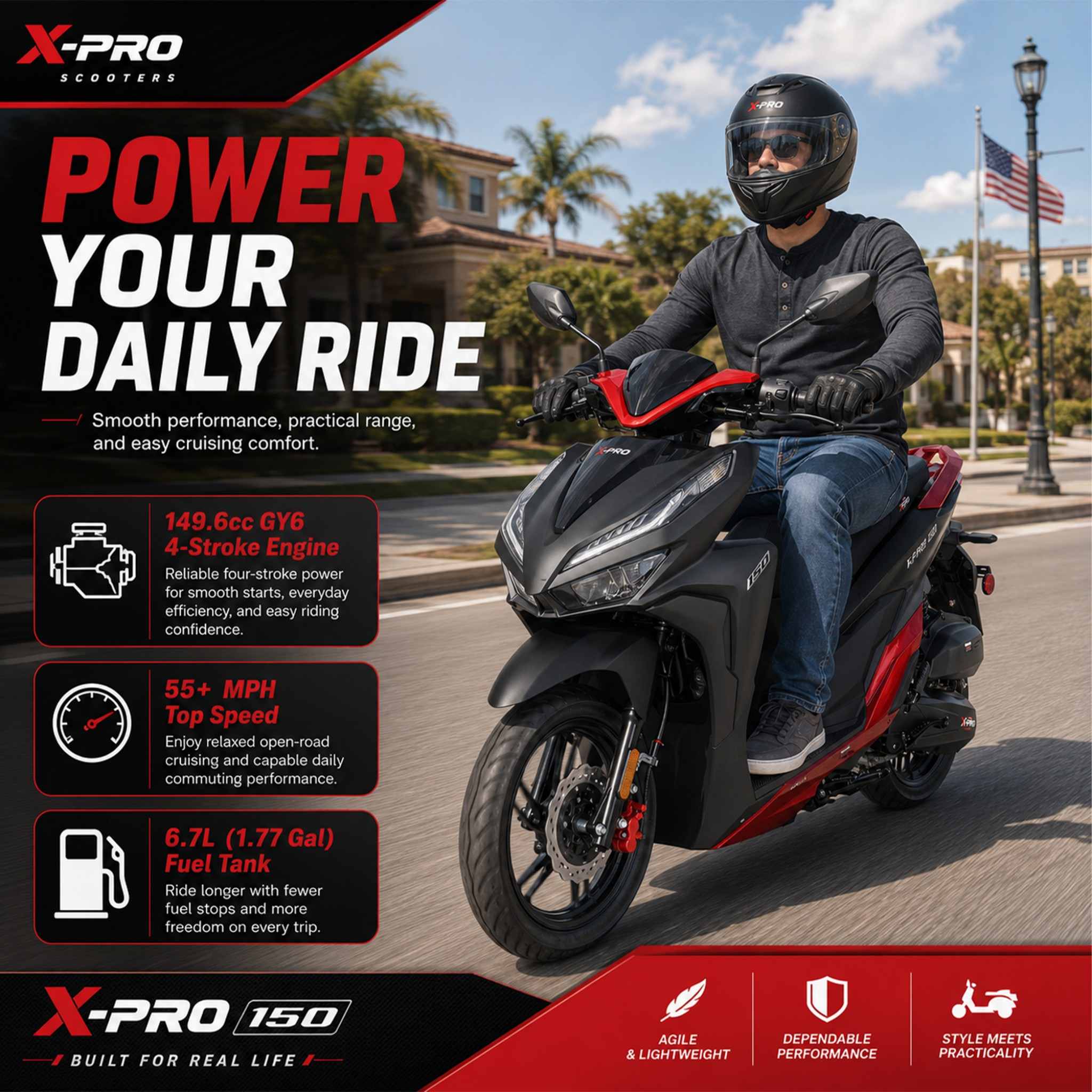 Free Shipping! X-PRO Capri 150cc Moped Scooter with 14in Aluminum Wheels, Electric/Kick Start! Large LED Lights! - Image 2