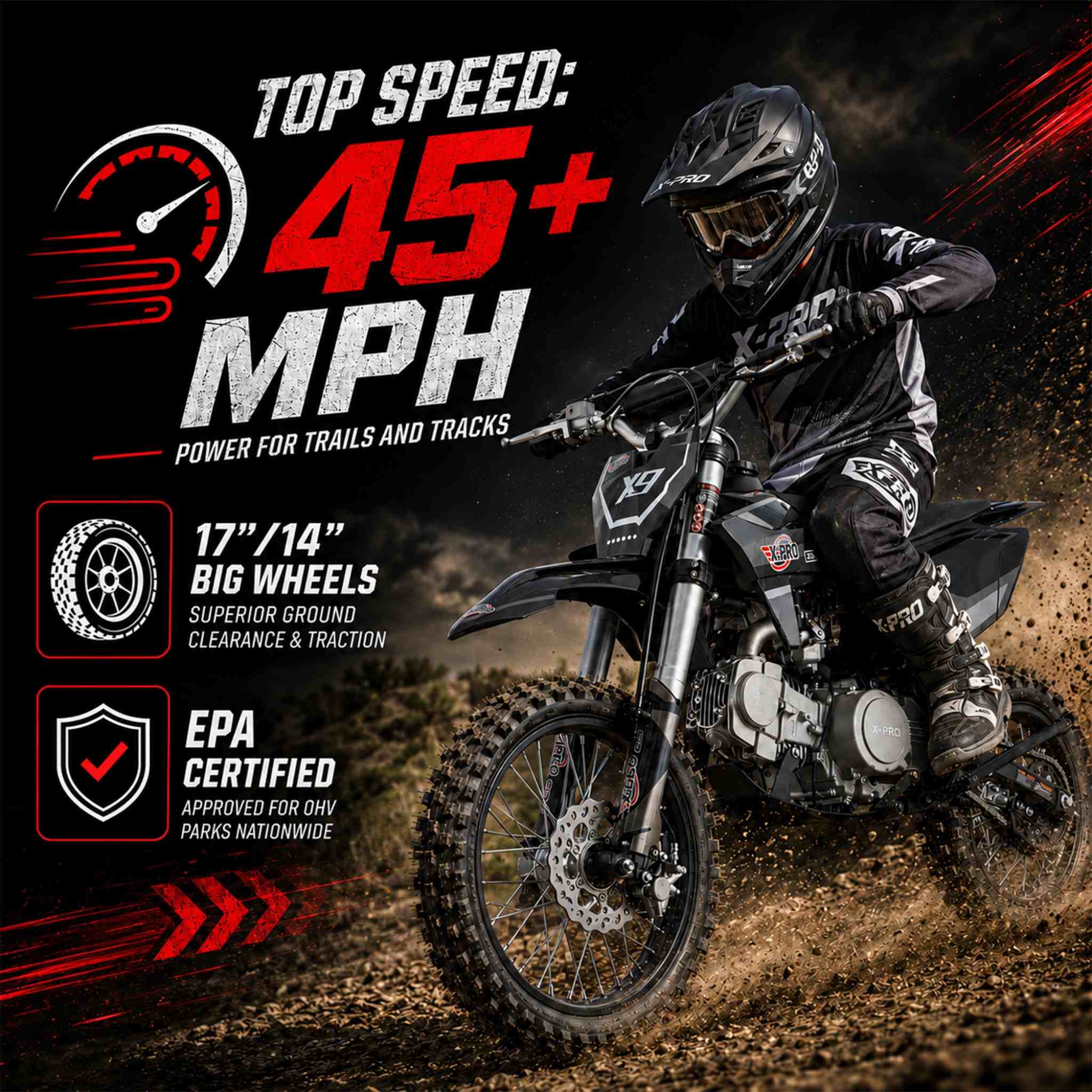 Free Shipping! X-PRO X9 125cc Dirt Bike with 4-Speed Manual Transmission, Kick Start, Big 17in/14in Tires! Zongshen Brand Engine! - Image 3
