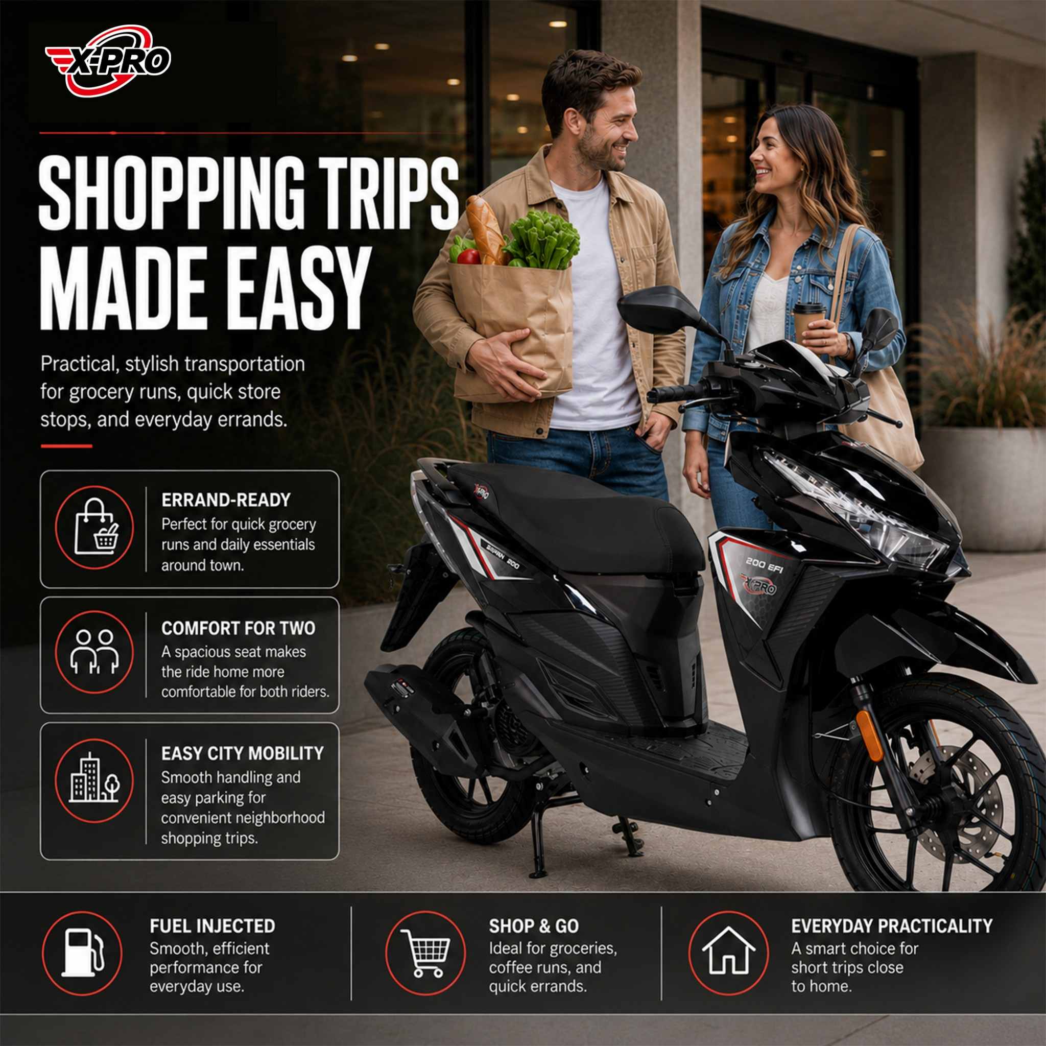 Free Shipping! X-PRO Saipan 200 EFI Electronic Fuel Injection Scooter with CVT Transmission, 14" Alloy Wheels, LED Headlights! - Image 7